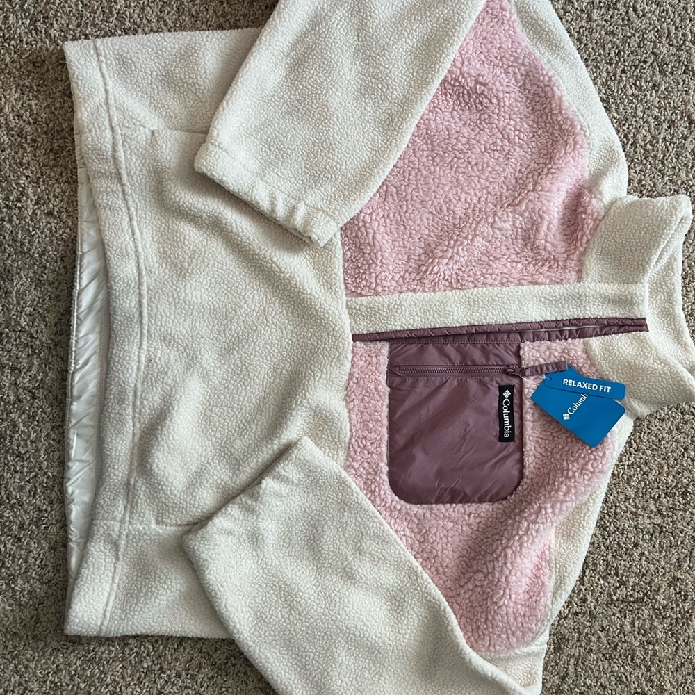 Columbia Soft Pink and Cream Sherpa Crop Half button Sweater